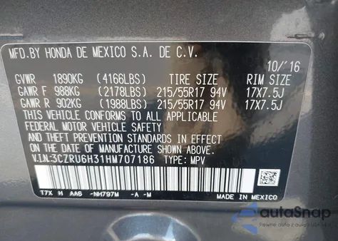 2017 Honda Hr-V Lx из США, поврежденный, VIN 3CZRU6H31HM707186